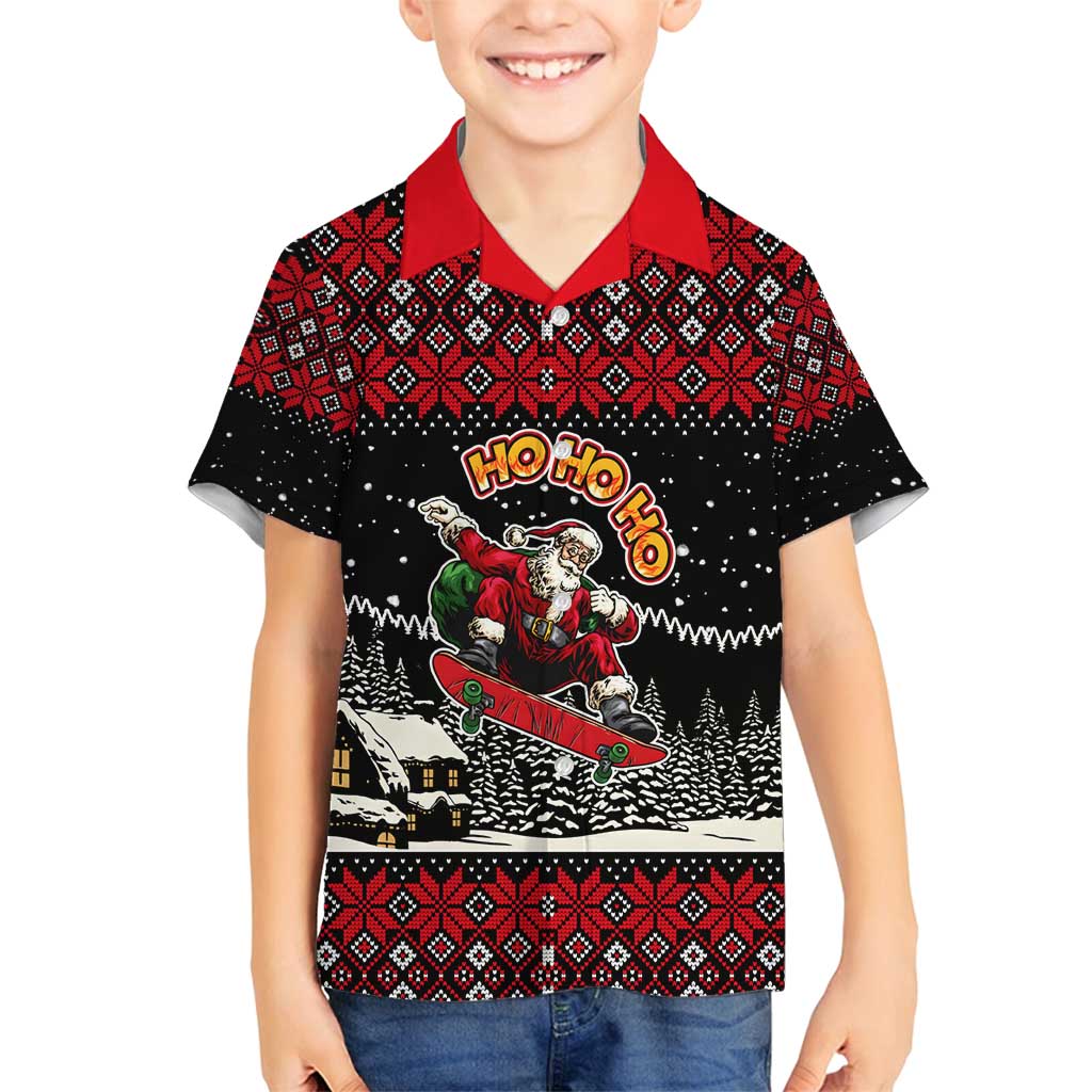 Skater Santa Claus Ho Ho Ho Christmas Family Matching Off Shoulder Short Dress and Hawaiian Shirt Xmas Holiday Patterns - Wonder Print Shop