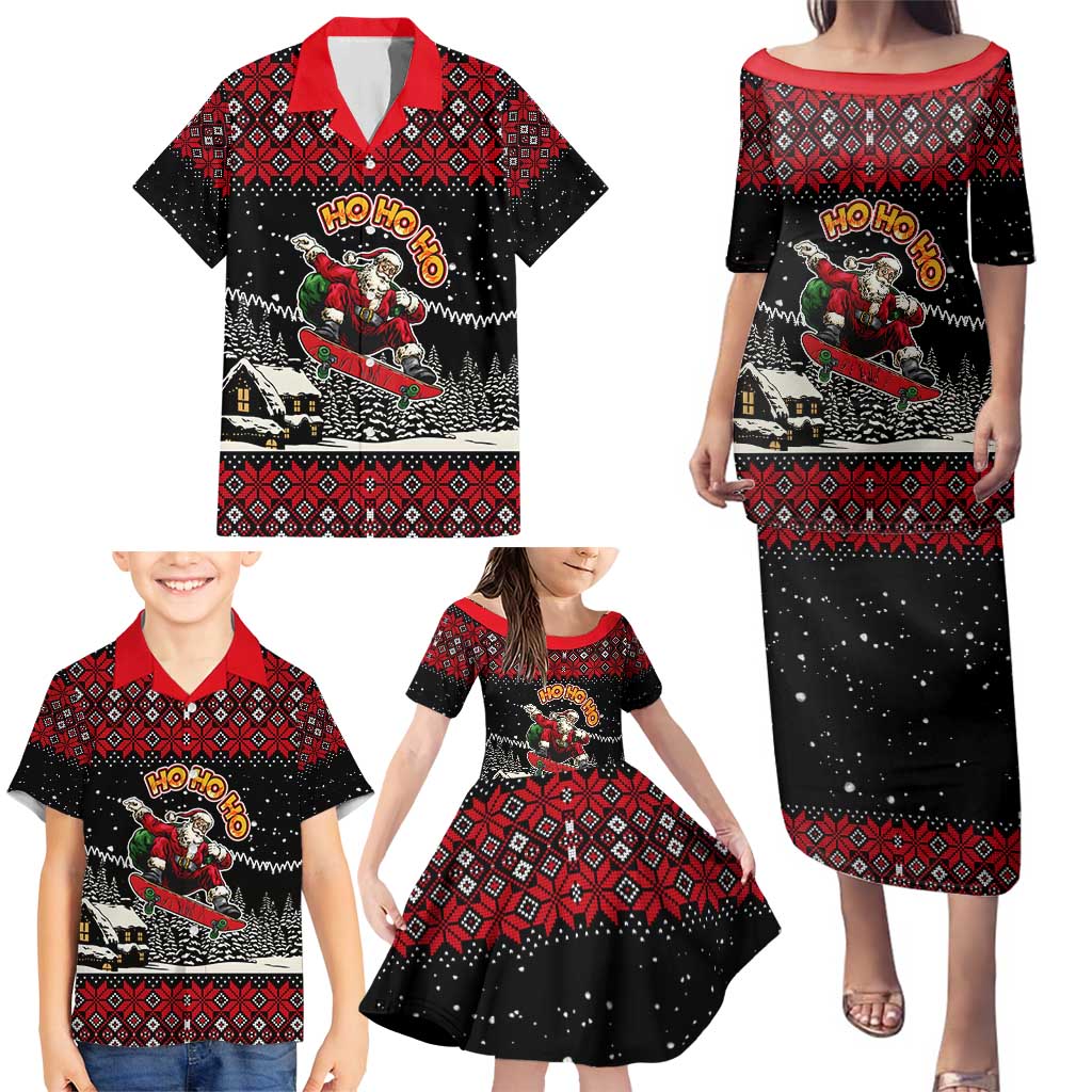 Skater Santa Claus Ho Ho Ho Christmas Family Matching Puletasi and Hawaiian Shirt Xmas Holiday Patterns - Wonder Print Shop
