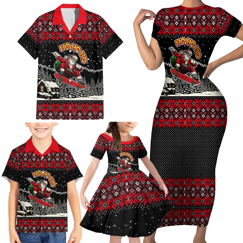 Skater Santa Claus Ho Ho Ho Christmas Family Matching Short Sleeve Bodycon Dress and Hawaiian Shirt Xmas Holiday Patterns - Wonder Print Shop