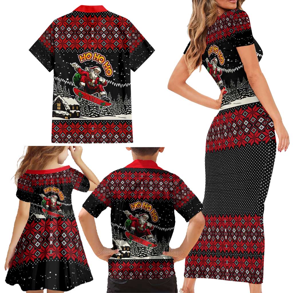 Skater Santa Claus Ho Ho Ho Christmas Family Matching Short Sleeve Bodycon Dress and Hawaiian Shirt Xmas Holiday Patterns - Wonder Print Shop