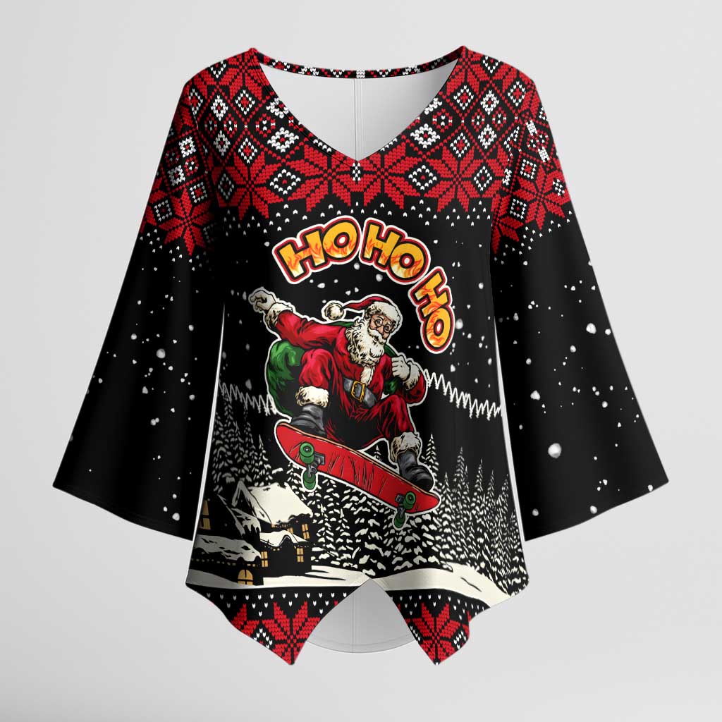 Skater Santa Claus Ho Ho Ho Christmas Kimono Sleeve Blouse Xmas Holiday Patterns - Wonder Print Shop