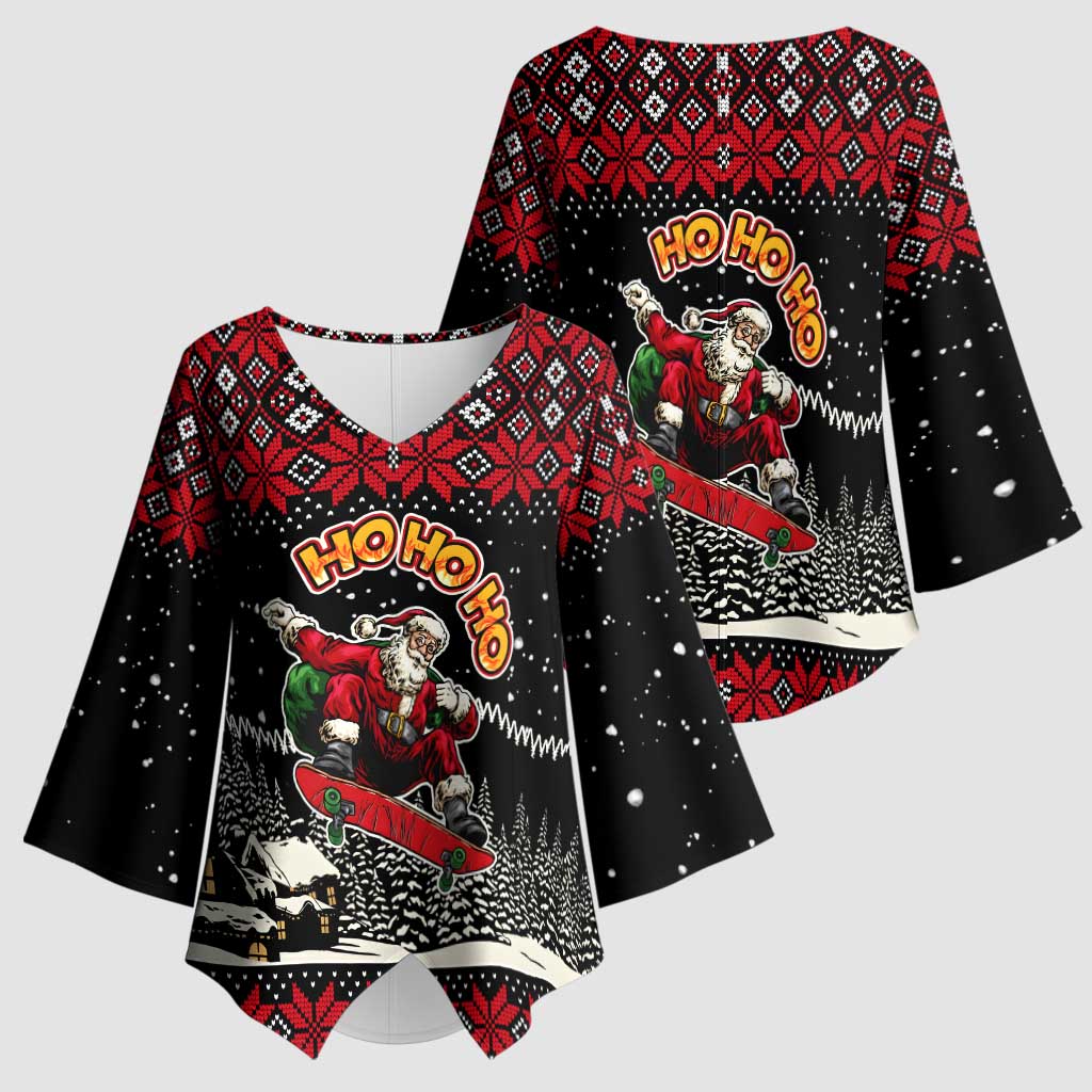 Skater Santa Claus Ho Ho Ho Christmas Kimono Sleeve Blouse Xmas Holiday Patterns - Wonder Print Shop