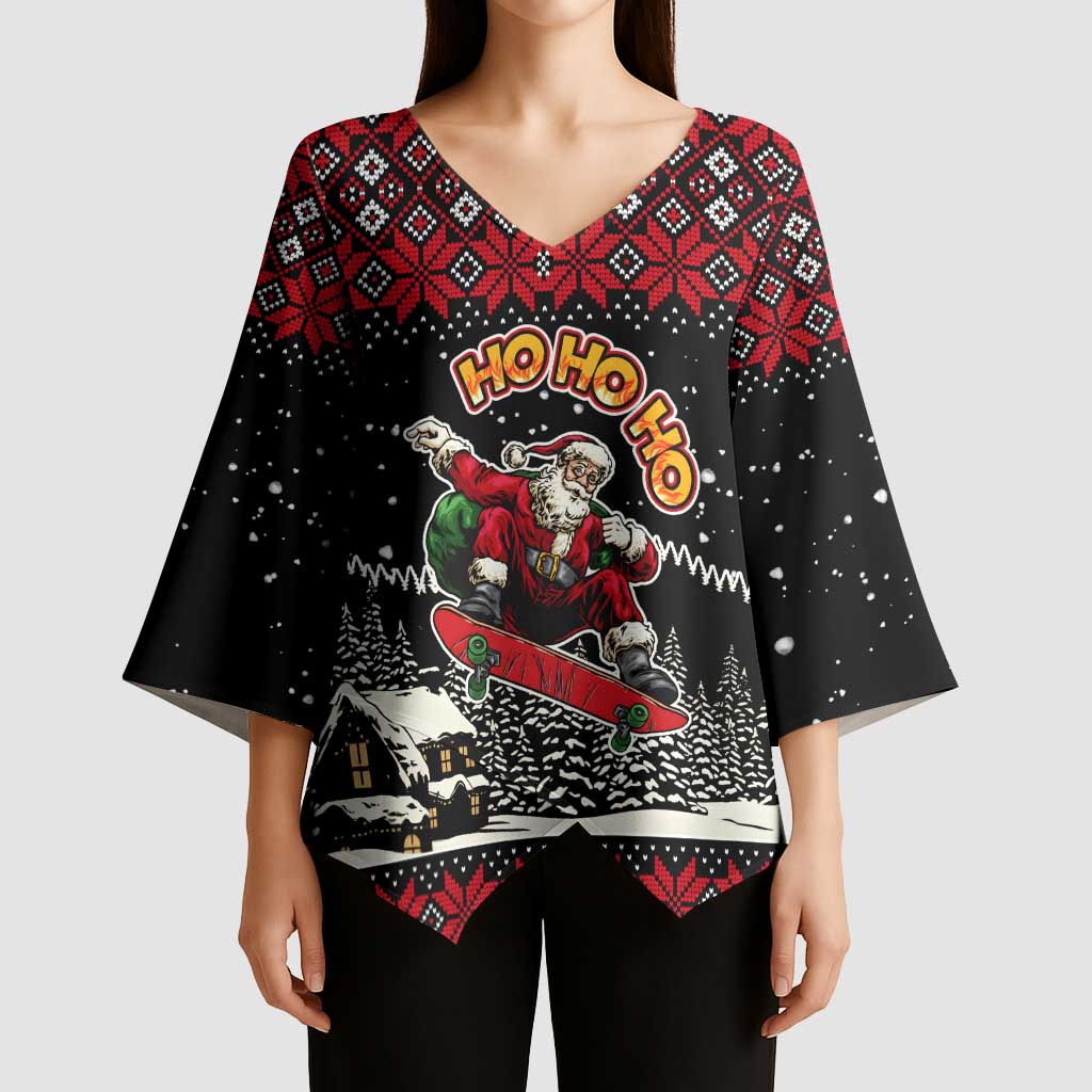 Skater Santa Claus Ho Ho Ho Christmas Kimono Sleeve Blouse Xmas Holiday Patterns - Wonder Print Shop