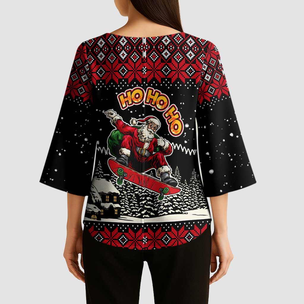Skater Santa Claus Ho Ho Ho Christmas Kimono Sleeve Blouse Xmas Holiday Patterns - Wonder Print Shop