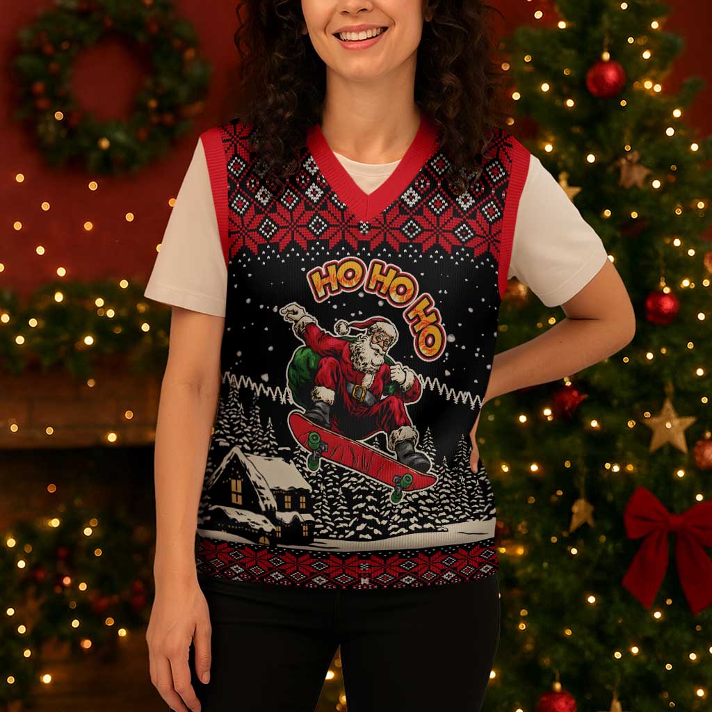 Skater Santa Claus Ho Ho Ho Christmas Knitted V-Neck Vest Xmas Holiday Patterns - Wonder Print Shop