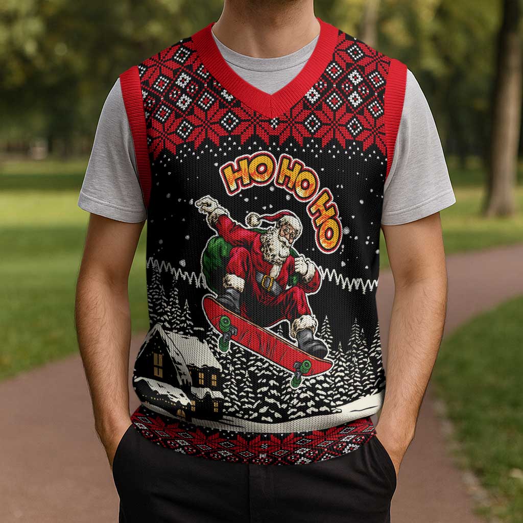 Skater Santa Claus Ho Ho Ho Christmas Knitted V-Neck Vest Xmas Holiday Patterns - Wonder Print Shop