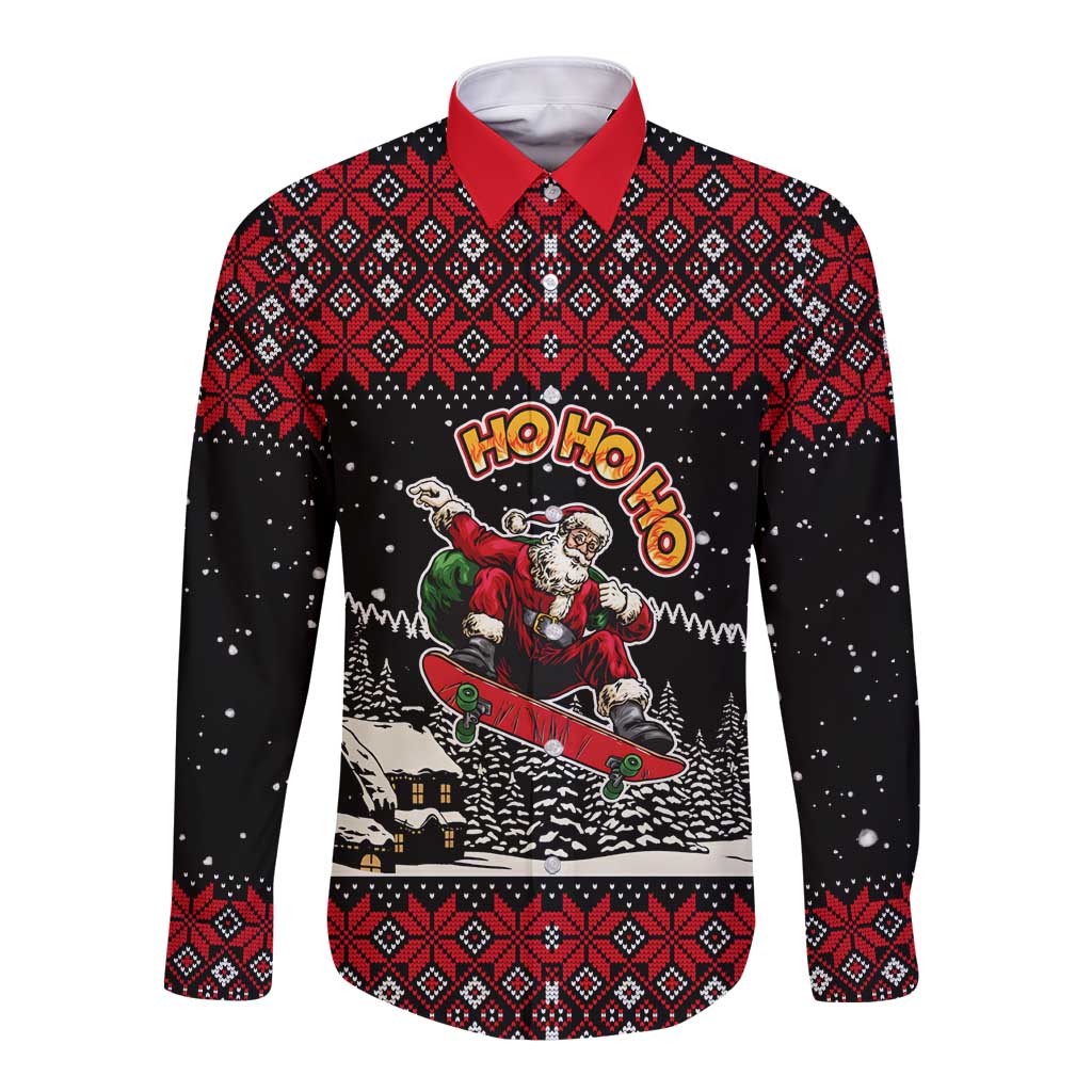 Skater Santa Claus Ho Ho Ho Christmas Long Sleeve Button Shirt Xmas Holiday Patterns - Wonder Print Shop