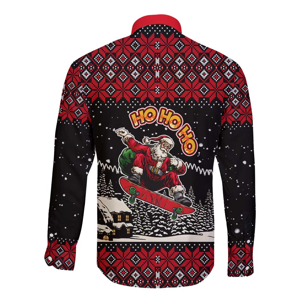 Skater Santa Claus Ho Ho Ho Christmas Long Sleeve Button Shirt Xmas Holiday Patterns - Wonder Print Shop