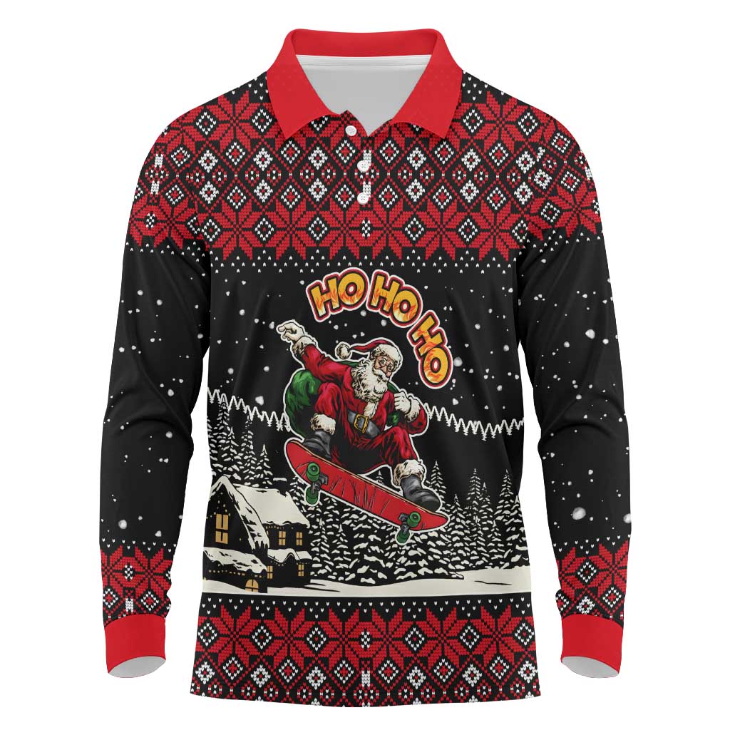 Skater Santa Claus Ho Ho Ho Christmas Long Sleeve Polo Shirt Xmas Holiday Patterns - Wonder Print Shop