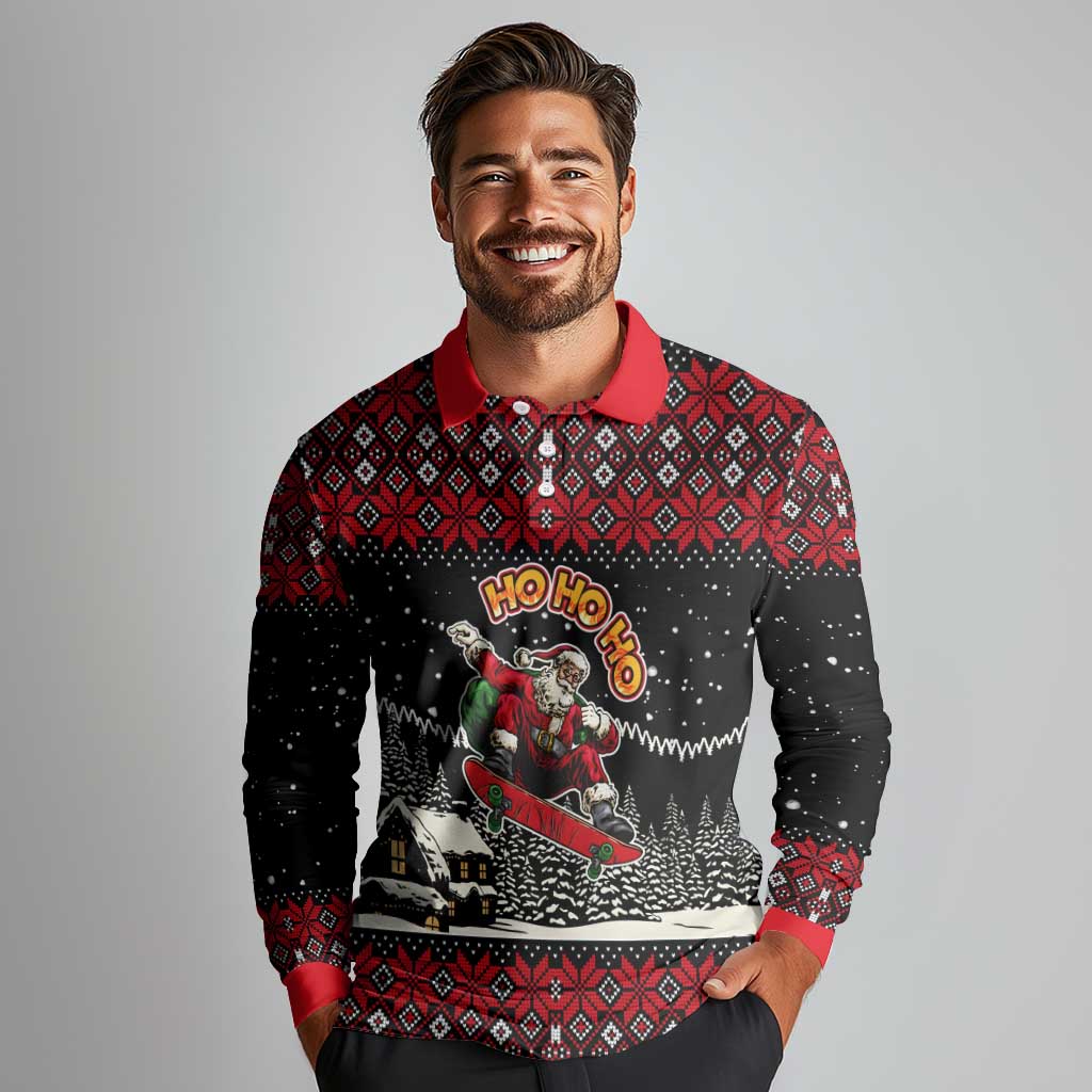 Skater Santa Claus Ho Ho Ho Christmas Long Sleeve Polo Shirt Xmas Holiday Patterns - Wonder Print Shop