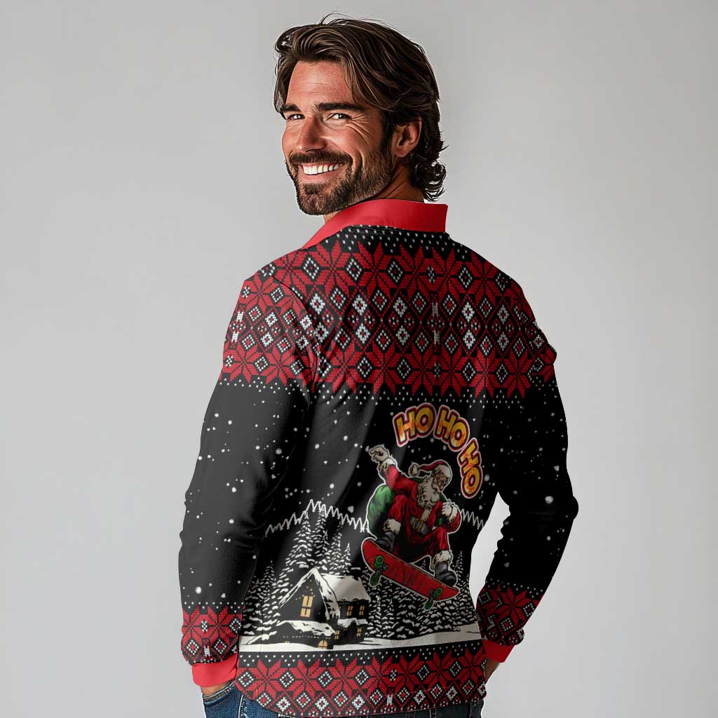 Skater Santa Claus Ho Ho Ho Christmas Long Sleeve Polo Shirt Xmas Holiday Patterns - Wonder Print Shop