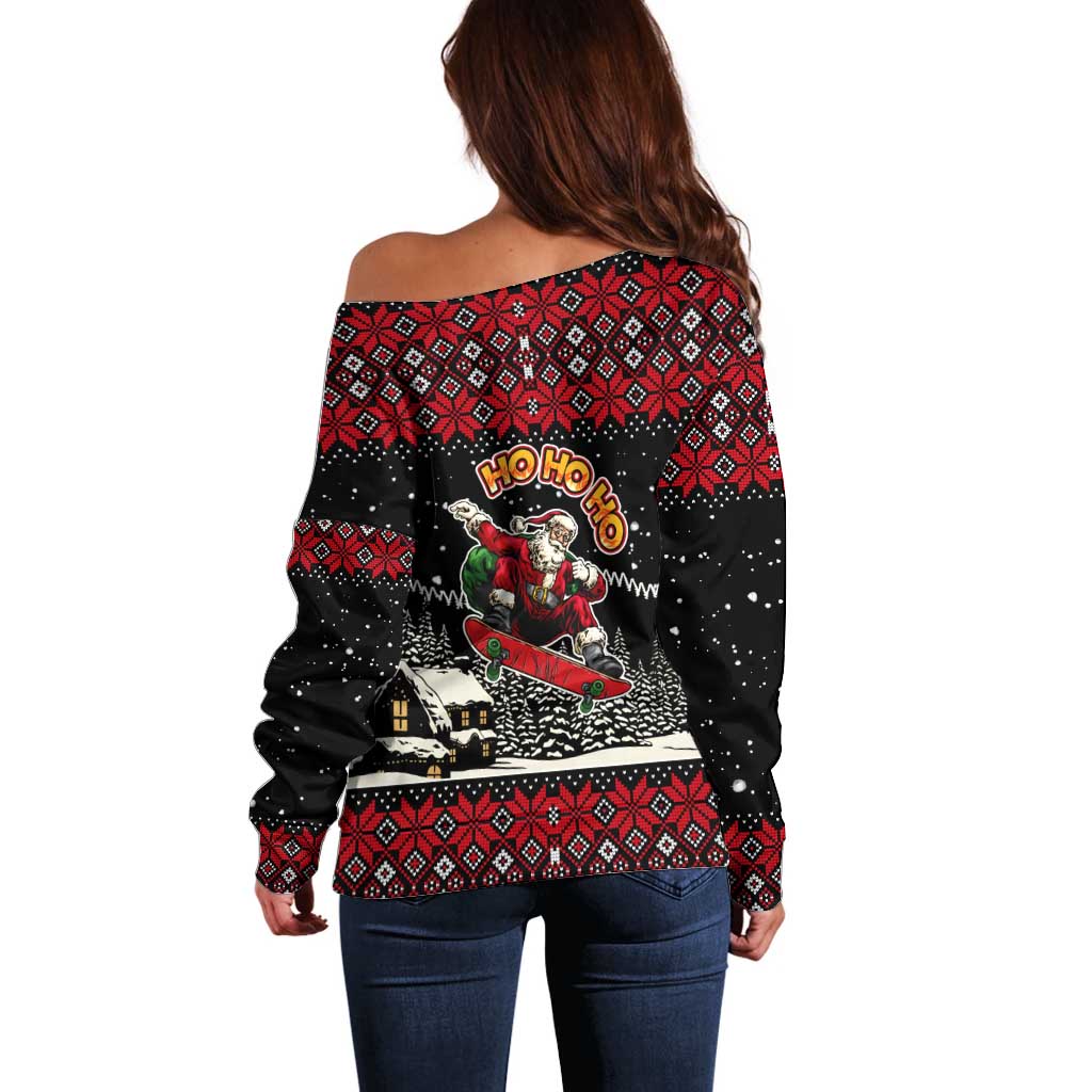 Skater Santa Claus Ho Ho Ho Christmas Off Shoulder Sweater Xmas Holiday Patterns - Wonder Print Shop