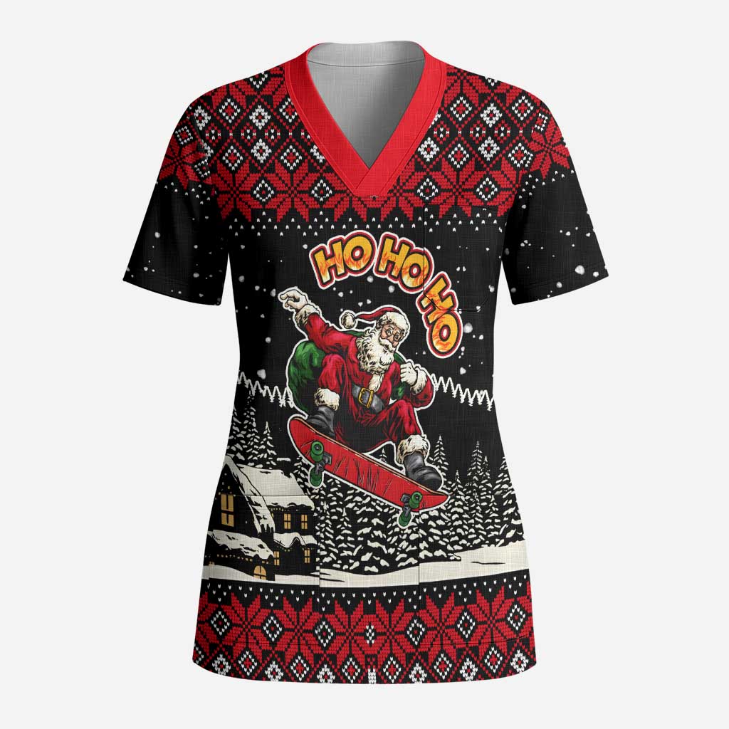Skater Santa Claus Ho Ho Ho Christmas Scrub Top Xmas Holiday Patterns - Wonder Print Shop