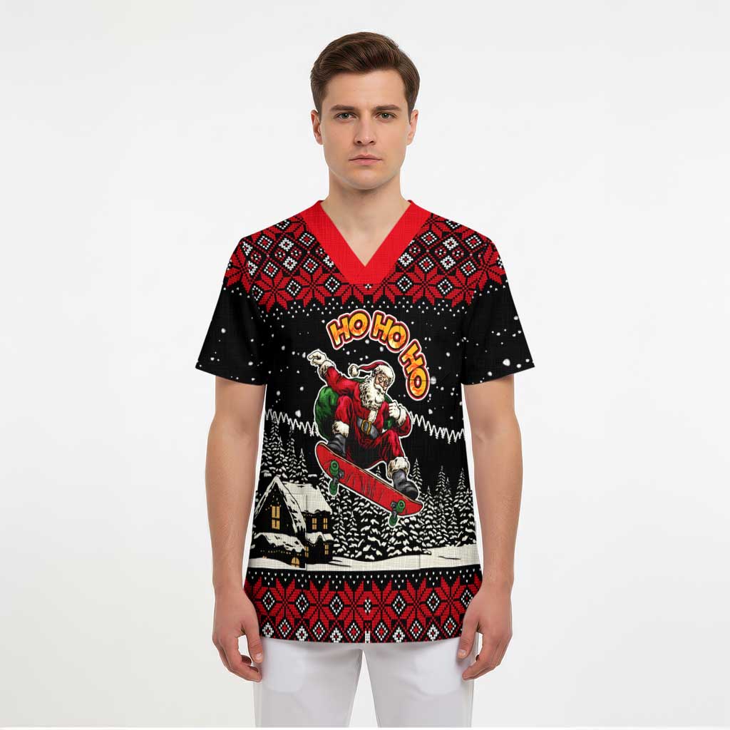 Skater Santa Claus Ho Ho Ho Christmas Scrub Top Xmas Holiday Patterns - Wonder Print Shop