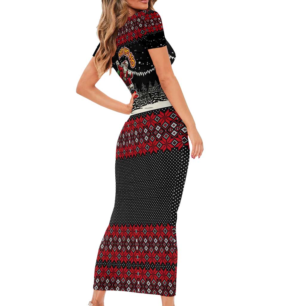 Skater Santa Claus Ho Ho Ho Christmas Short Sleeve Bodycon Dress Xmas Holiday Patterns - Wonder Print Shop
