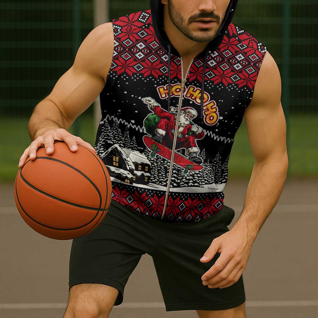 Skater Santa Claus Ho Ho Ho Christmas Sleeveless Zip Hoodie Xmas Holiday Patterns - Wonder Print Shop