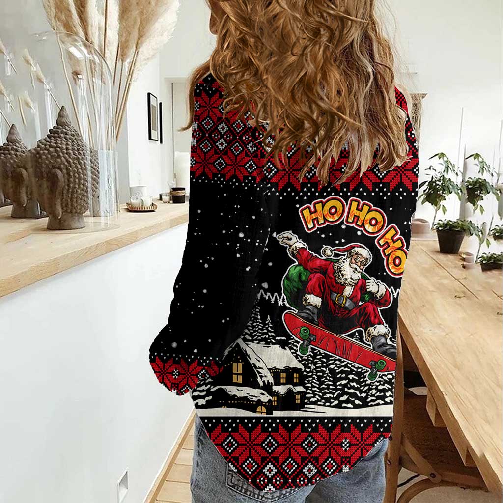 Skater Santa Claus Ho Ho Ho Christmas Women Casual Shirt Xmas Holiday Patterns - Wonder Print Shop