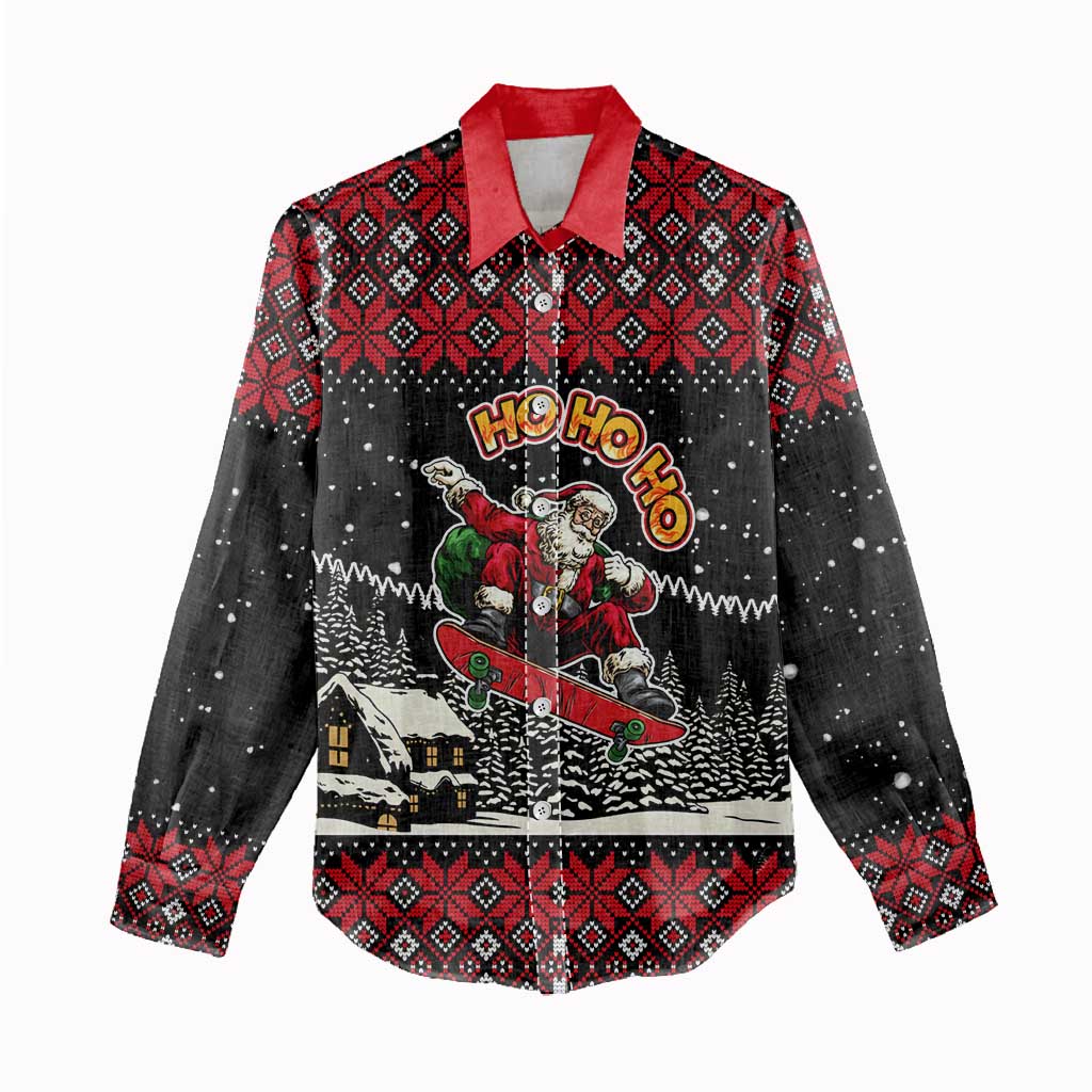 Skater Santa Claus Ho Ho Ho Christmas Women Casual Shirt Xmas Holiday Patterns - Wonder Print Shop