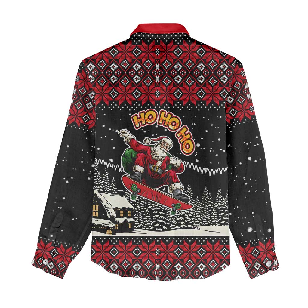 Skater Santa Claus Ho Ho Ho Christmas Women Casual Shirt Xmas Holiday Patterns - Wonder Print Shop