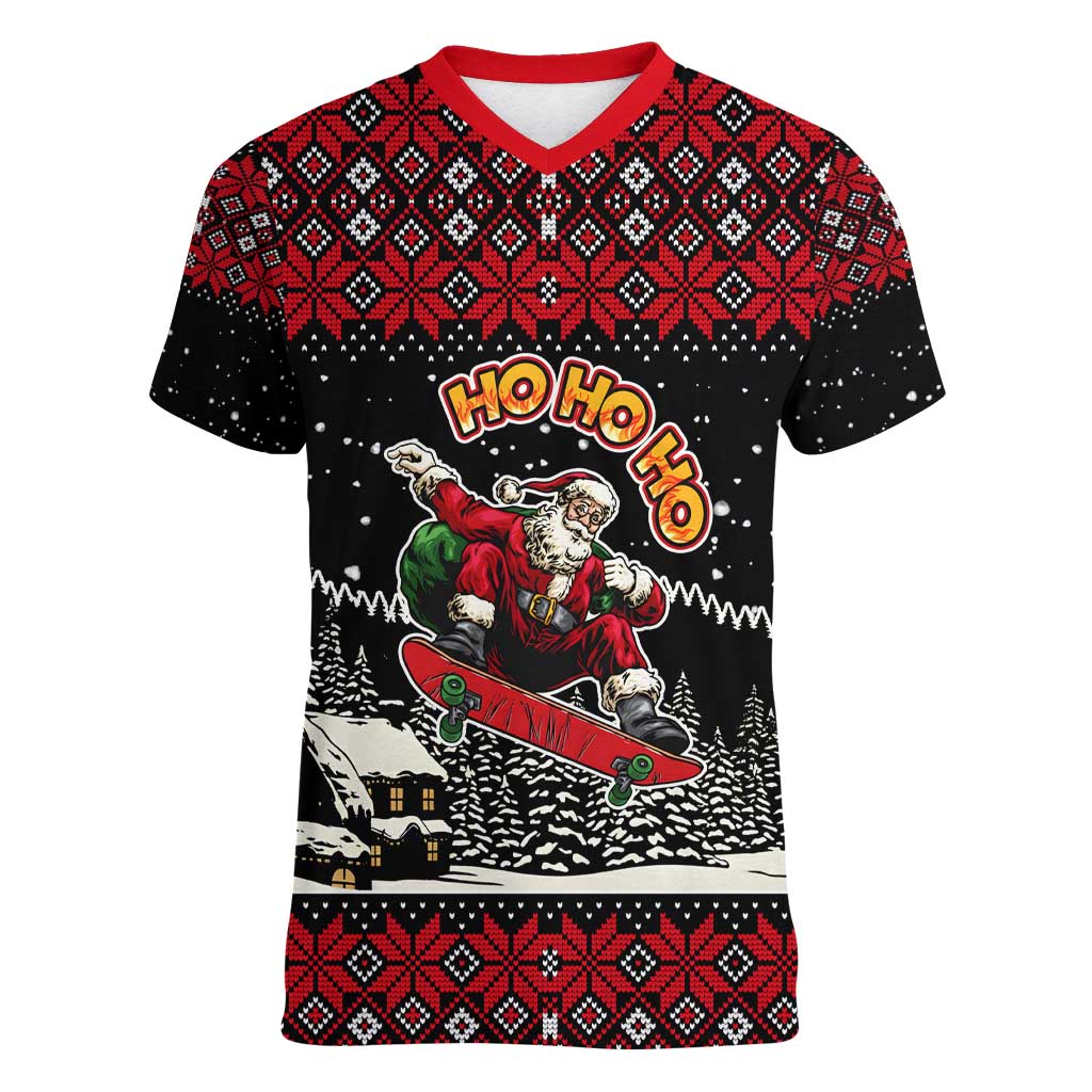 Skater Santa Claus Ho Ho Ho Christmas Women V-Neck T-Shirt Xmas Holiday Patterns - Wonder Print Shop