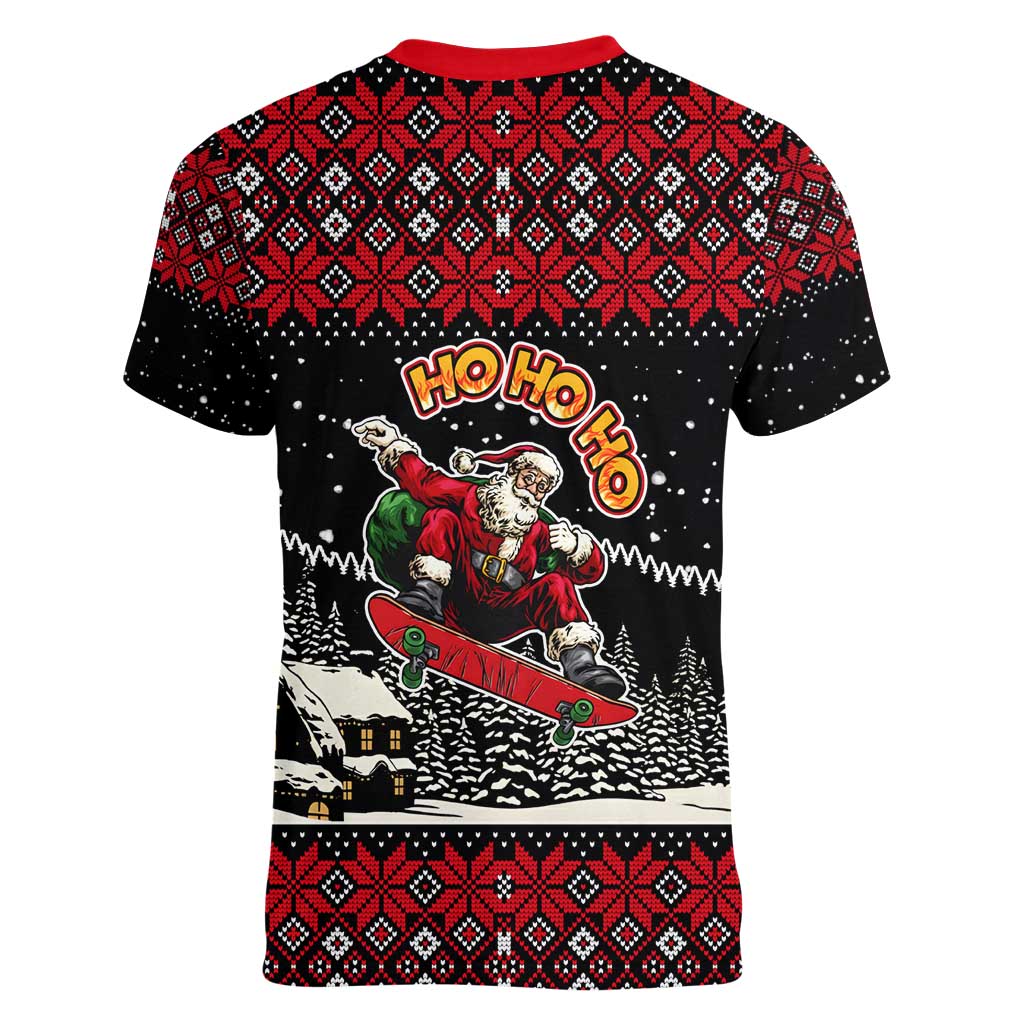 Skater Santa Claus Ho Ho Ho Christmas Women V-Neck T-Shirt Xmas Holiday Patterns - Wonder Print Shop