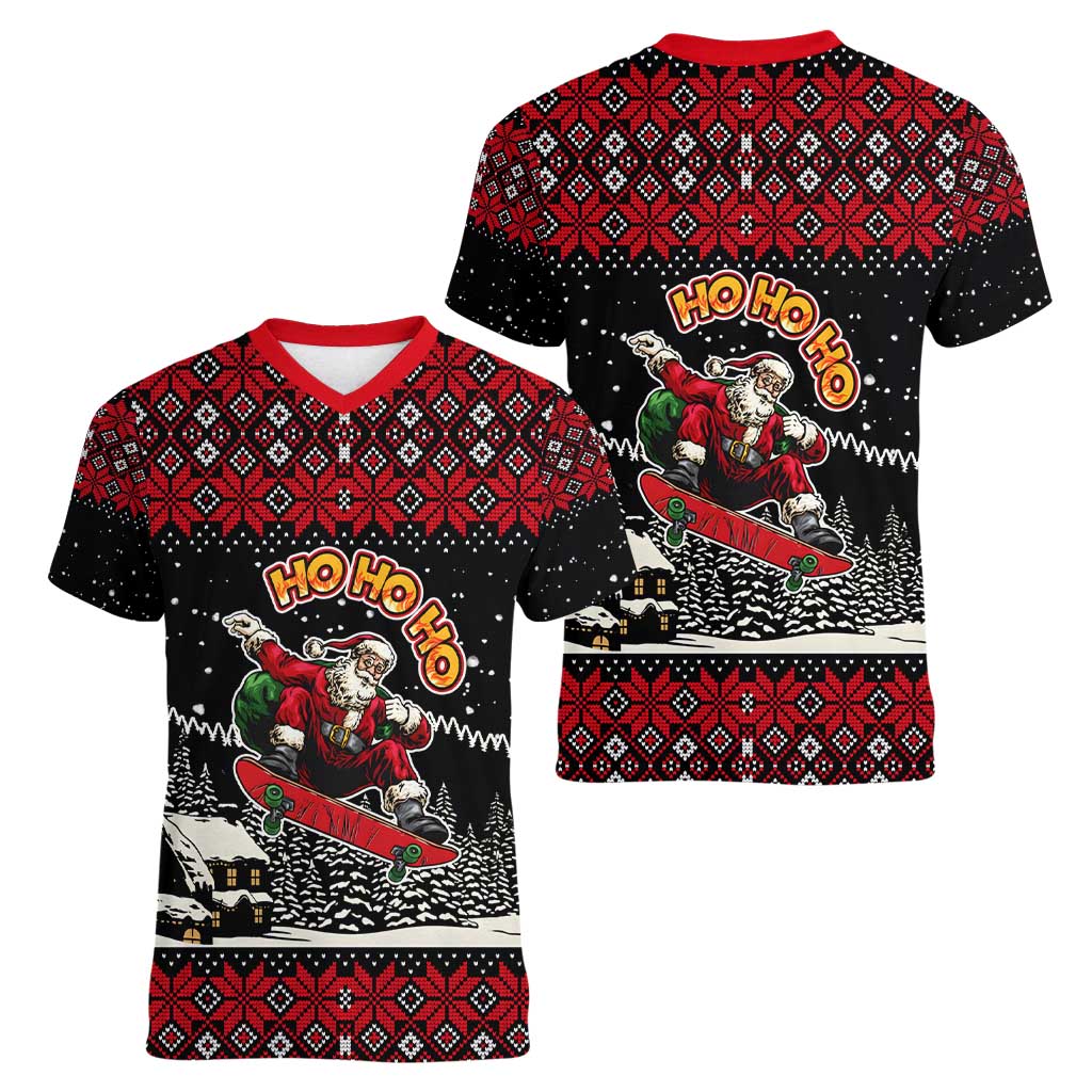 Skater Santa Claus Ho Ho Ho Christmas Women V-Neck T-Shirt Xmas Holiday Patterns - Wonder Print Shop
