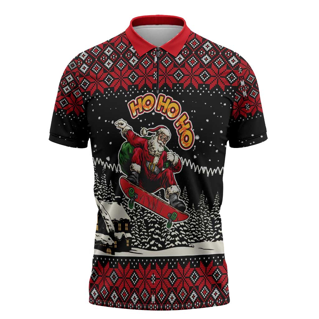 Skater Santa Claus Ho Ho Ho Christmas Zipper Polo Shirt Xmas Holiday Patterns - Wonder Print Shop