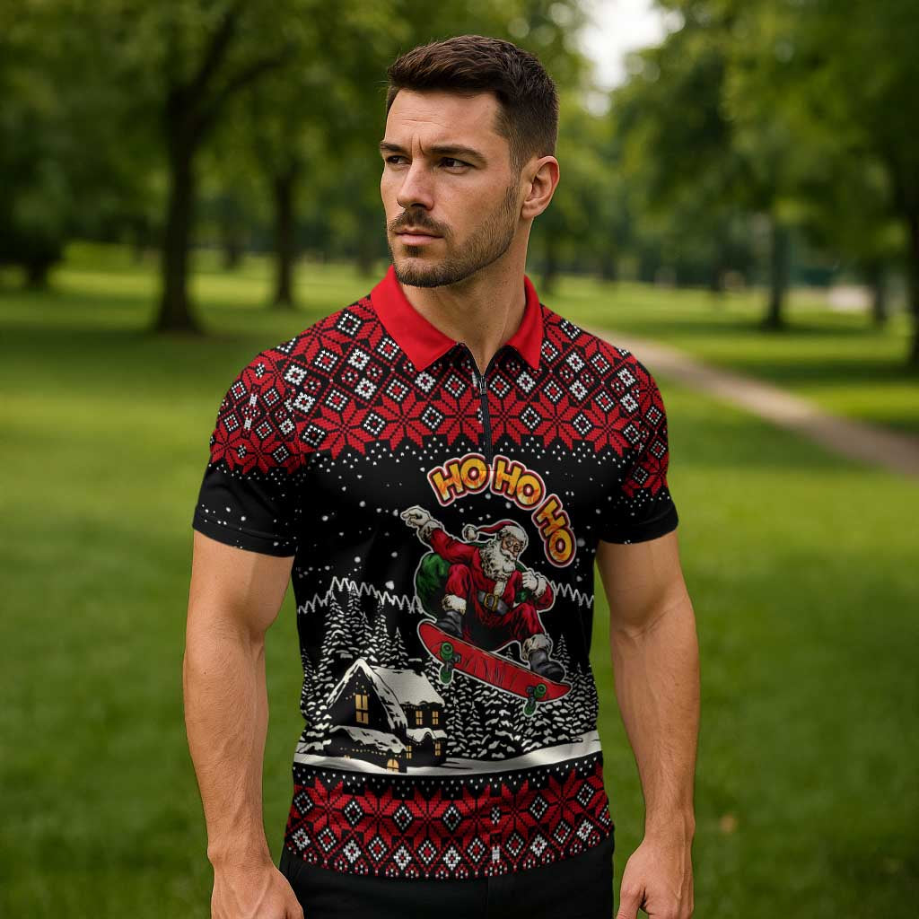 Skater Santa Claus Ho Ho Ho Christmas Zipper Polo Shirt Xmas Holiday Patterns - Wonder Print Shop