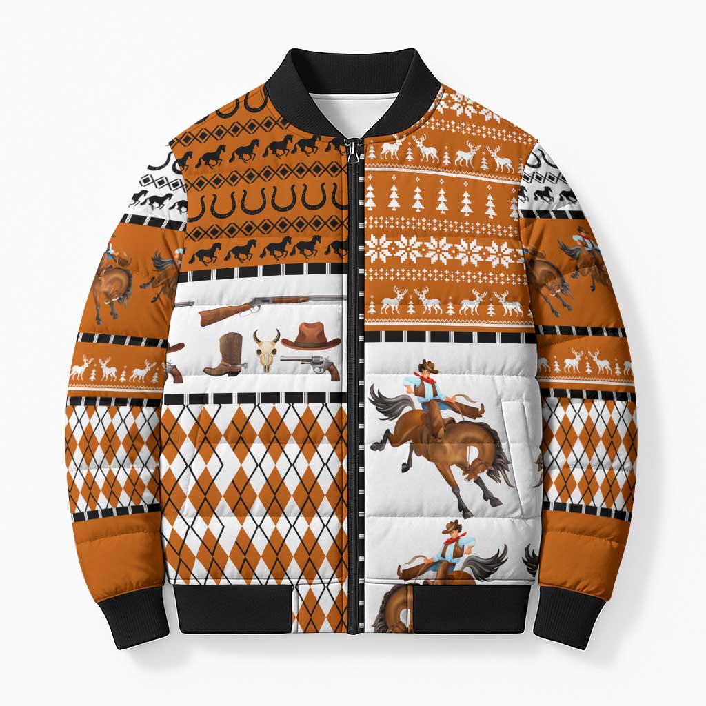 Horse Cowboy Merry Christmas Design Bomber Puffer Jacket Funny Xmas Holiday Patterns - Wonder Print Shop