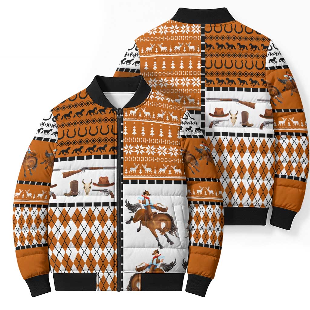 Horse Cowboy Merry Christmas Design Bomber Puffer Jacket Funny Xmas Holiday Patterns - Wonder Print Shop