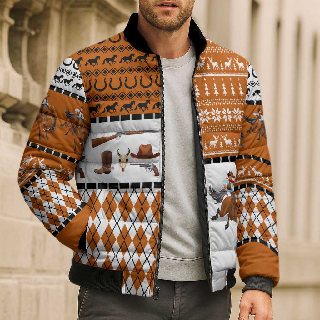 Horse Cowboy Merry Christmas Design Bomber Puffer Jacket Funny Xmas Holiday Patterns - Wonder Print Shop