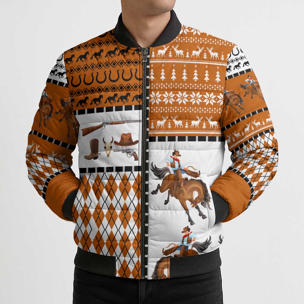 Horse Cowboy Merry Christmas Design Bomber Puffer Jacket Funny Xmas Holiday Patterns - Wonder Print Shop