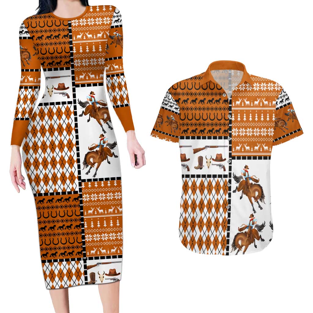Horse Cowboy Merry Christmas Design Couples Matching Long Sleeve Bodycon Dress and Hawaiian Shirt Funny Xmas Holiday Patterns - Wonder Print Shop