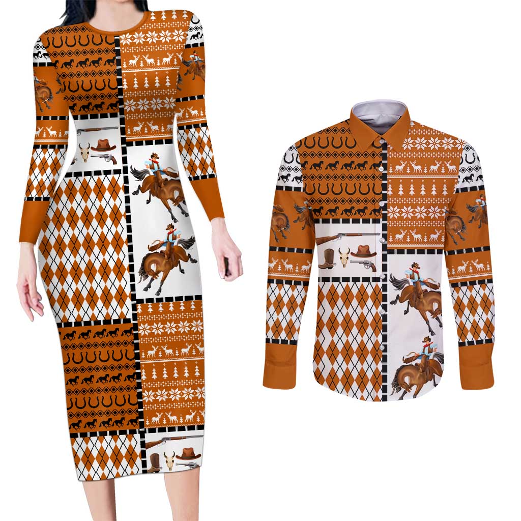 Horse Cowboy Merry Christmas Design Couples Matching Long Sleeve Bodycon Dress and Long Sleeve Button Shirt Funny Xmas Holiday Patterns - Wonder Print Shop