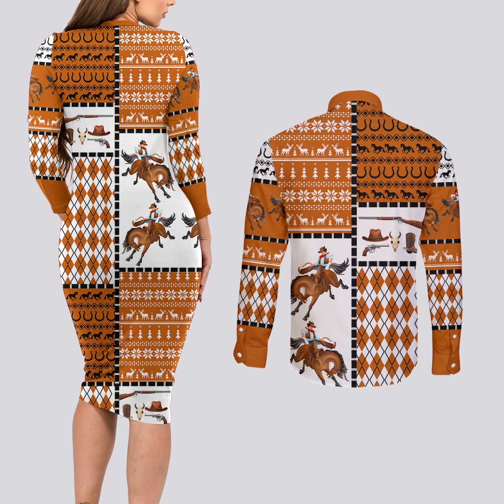 Horse Cowboy Merry Christmas Design Couples Matching Long Sleeve Bodycon Dress and Long Sleeve Button Shirt Funny Xmas Holiday Patterns - Wonder Print Shop