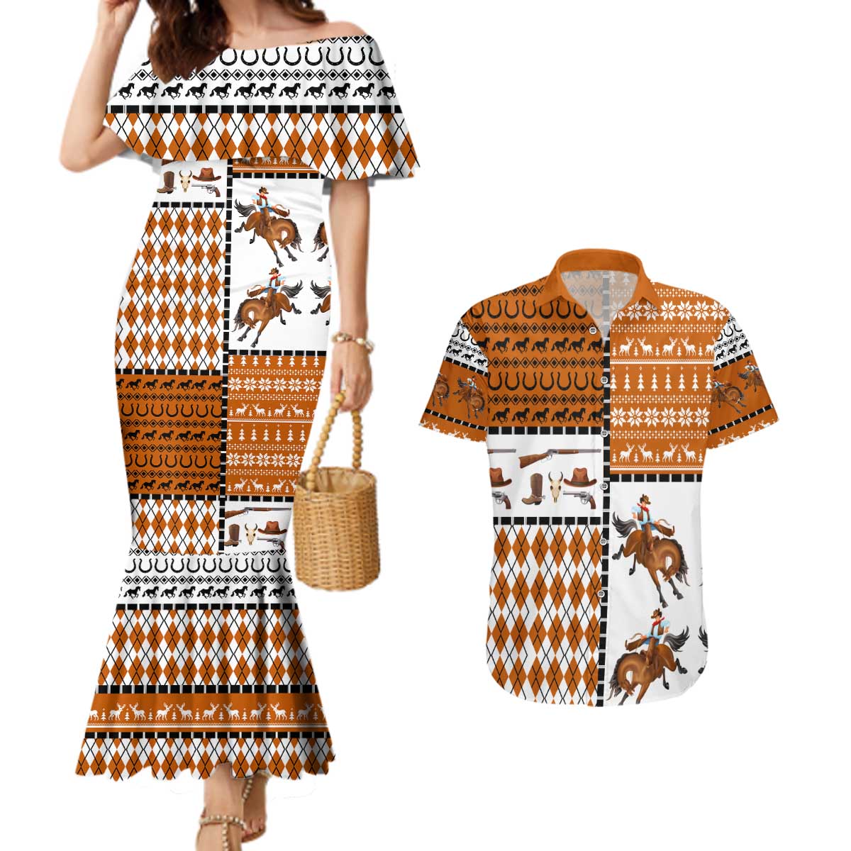 Horse Cowboy Merry Christmas Design Couples Matching Mermaid Dress and Hawaiian Shirt Funny Xmas Holiday Patterns - Wonder Print Shop
