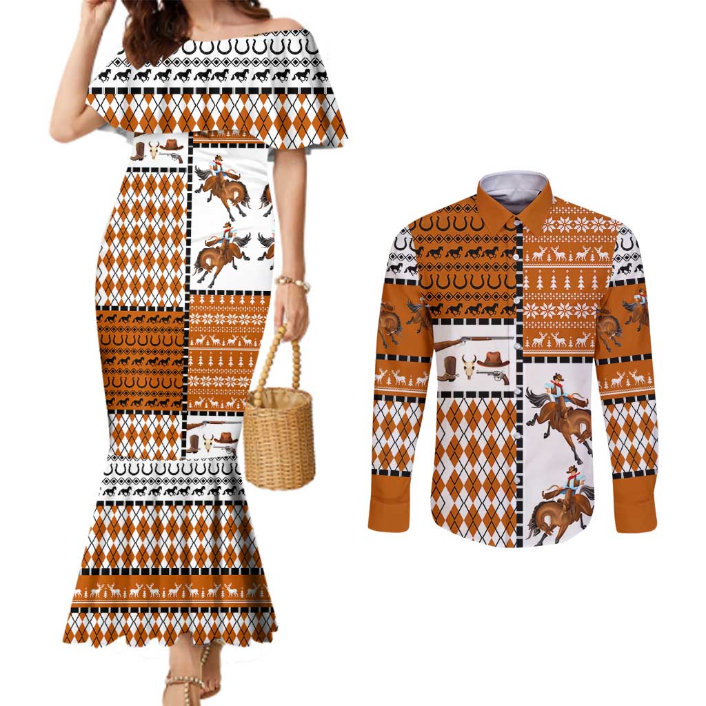 Horse Cowboy Merry Christmas Design Couples Matching Mermaid Dress and Long Sleeve Button Shirt Funny Xmas Holiday Patterns - Wonder Print Shop