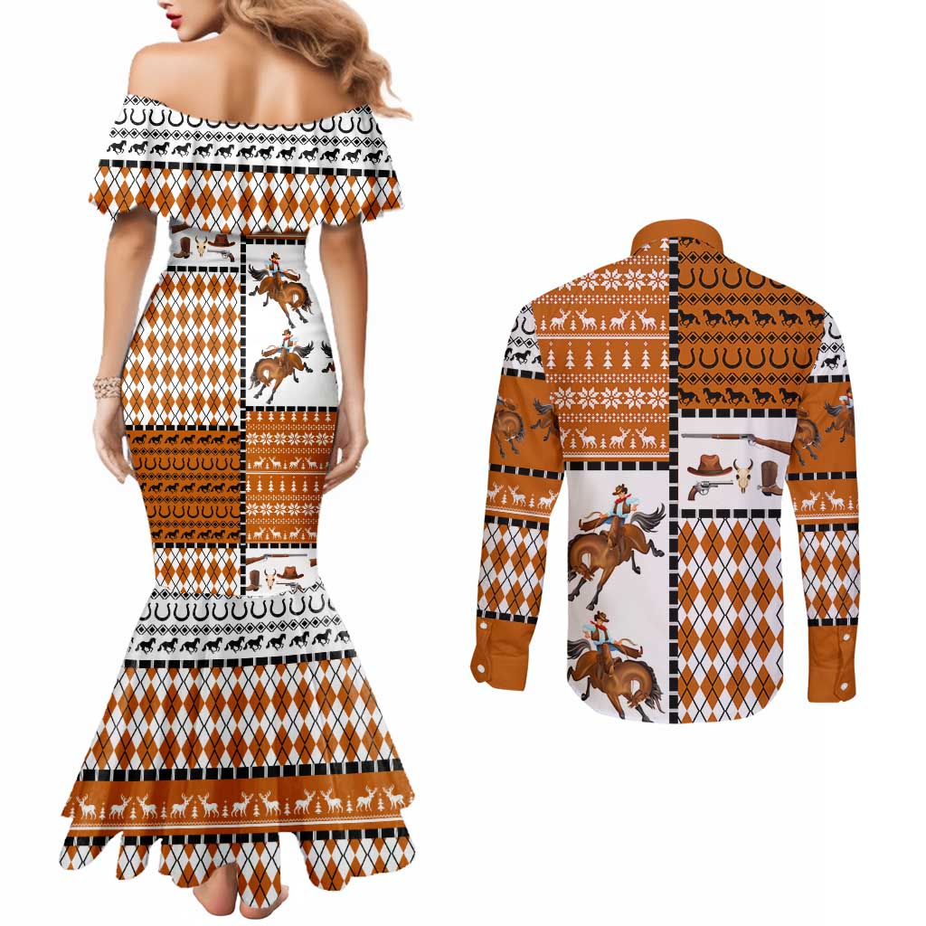 Horse Cowboy Merry Christmas Design Couples Matching Mermaid Dress and Long Sleeve Button Shirt Funny Xmas Holiday Patterns - Wonder Print Shop