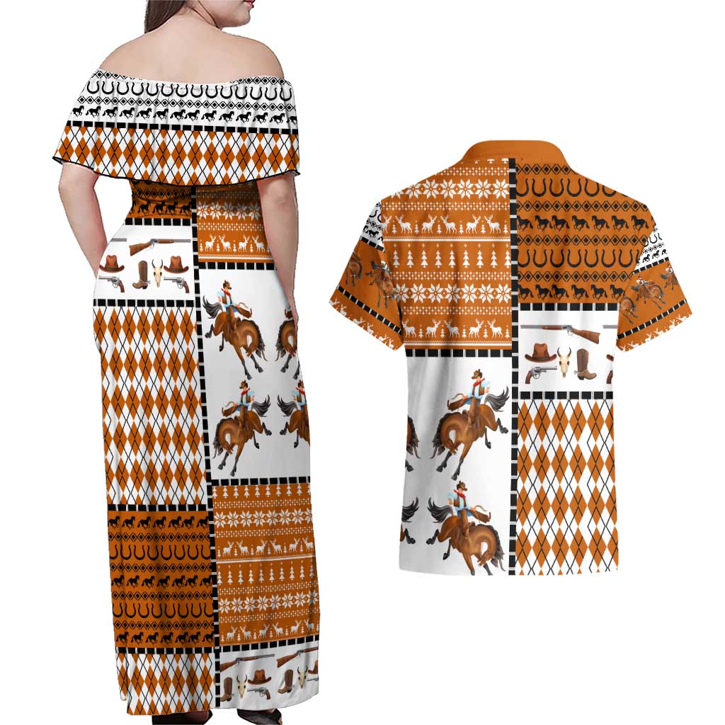 Horse Cowboy Merry Christmas Design Couples Matching Off Shoulder Maxi Dress and Hawaiian Shirt Funny Xmas Holiday Patterns - Wonder Print Shop