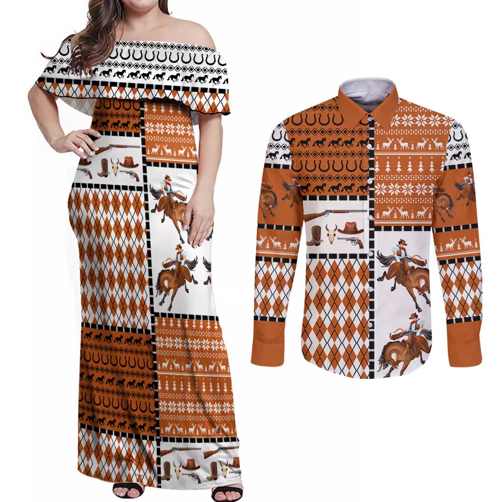 Horse Cowboy Merry Christmas Design Couples Matching Off Shoulder Maxi Dress and Long Sleeve Button Shirt Funny Xmas Holiday Patterns - Wonder Print Shop