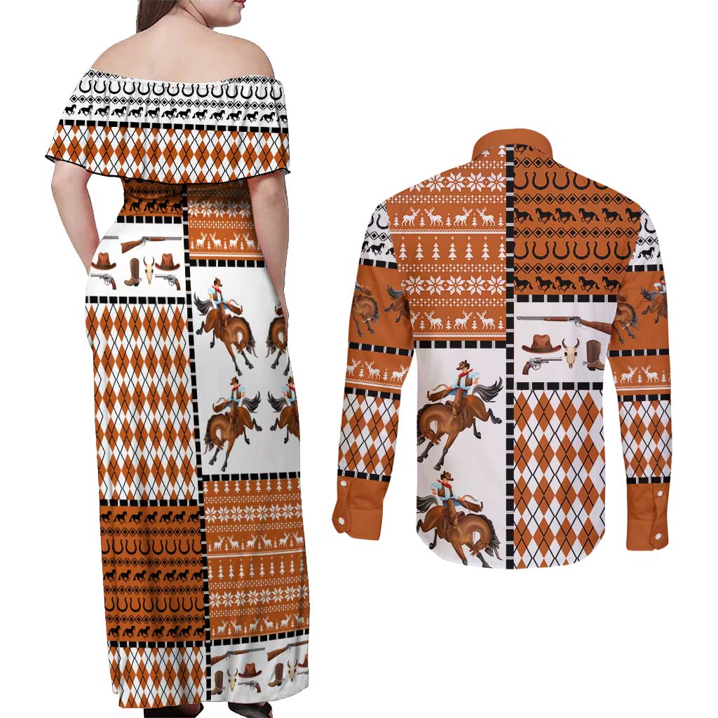 Horse Cowboy Merry Christmas Design Couples Matching Off Shoulder Maxi Dress and Long Sleeve Button Shirt Funny Xmas Holiday Patterns - Wonder Print Shop