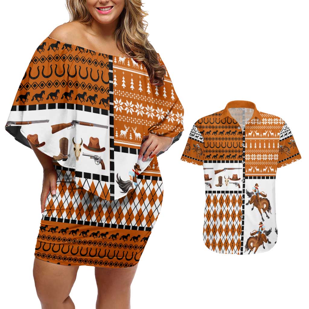 Horse Cowboy Merry Christmas Design Couples Matching Off Shoulder Short Dress and Hawaiian Shirt Funny Xmas Holiday Patterns - Wonder Print Shop