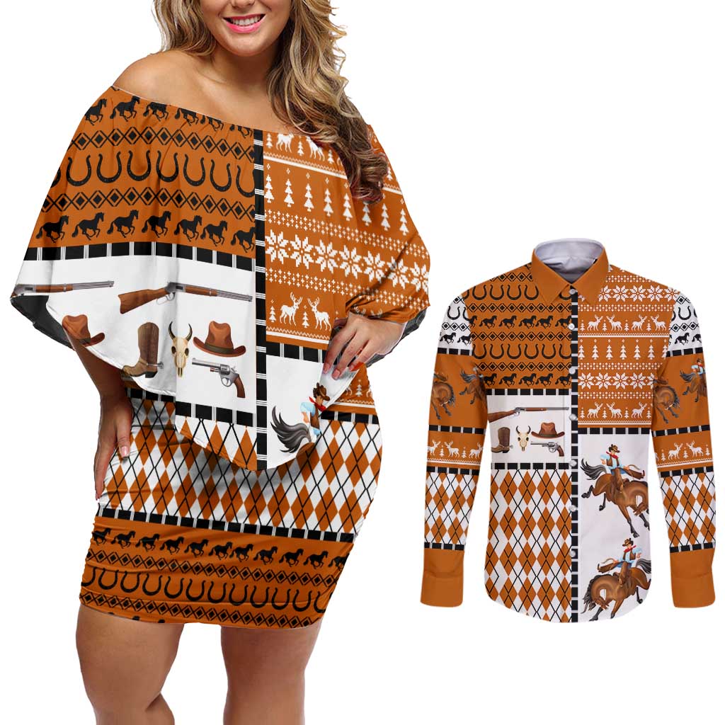 Horse Cowboy Merry Christmas Design Couples Matching Off Shoulder Short Dress and Long Sleeve Button Shirt Funny Xmas Holiday Patterns - Wonder Print Shop