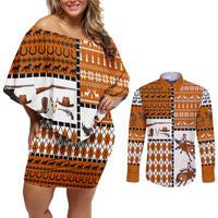 Horse Cowboy Merry Christmas Design Couples Matching Off Shoulder Short Dress and Long Sleeve Button Shirt Funny Xmas Holiday Patterns - Wonder Print Shop