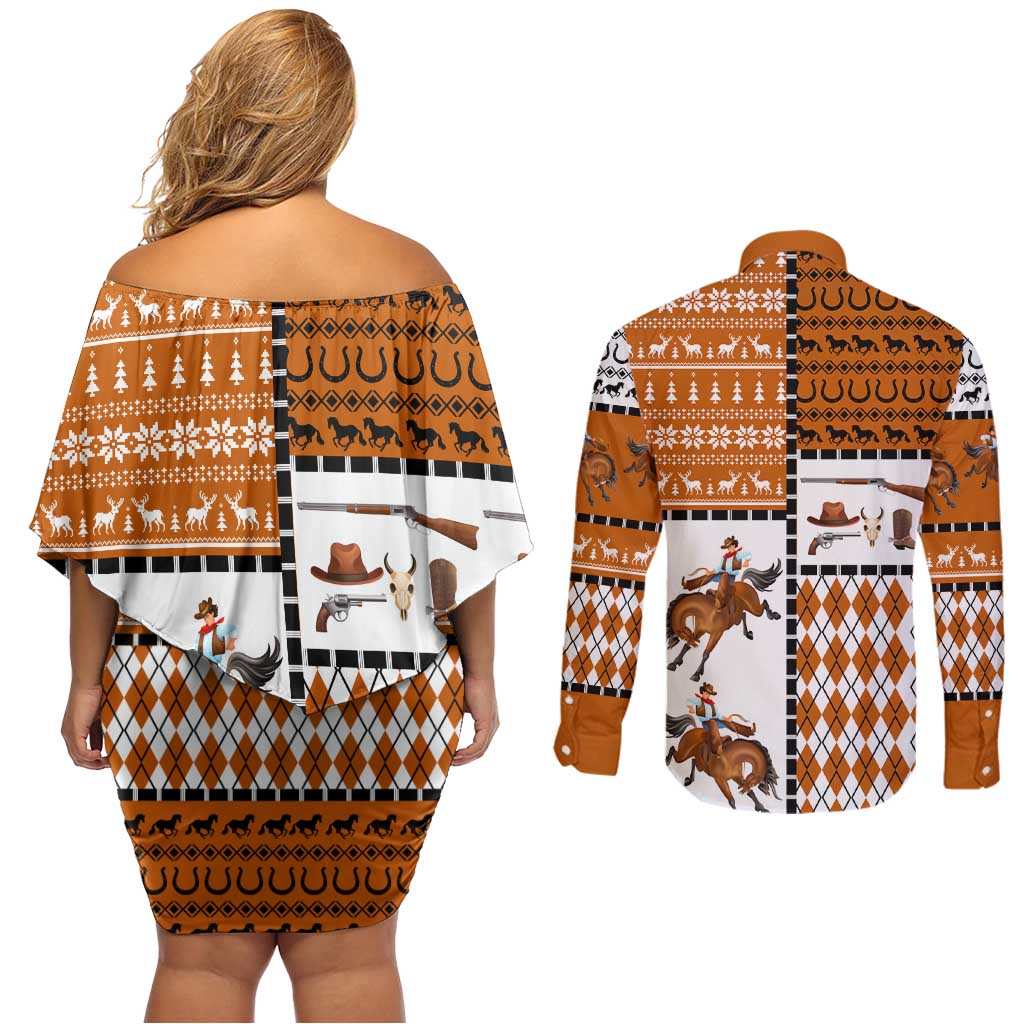 Horse Cowboy Merry Christmas Design Couples Matching Off Shoulder Short Dress and Long Sleeve Button Shirt Funny Xmas Holiday Patterns - Wonder Print Shop