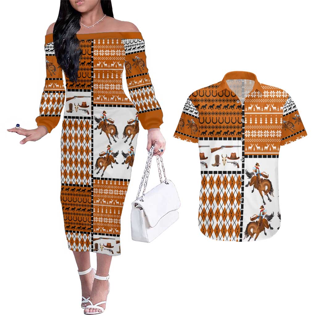 Horse Cowboy Merry Christmas Design Couples Matching Off The Shoulder Long Sleeve Dress and Hawaiian Shirt Funny Xmas Holiday Patterns - Wonder Print Shop