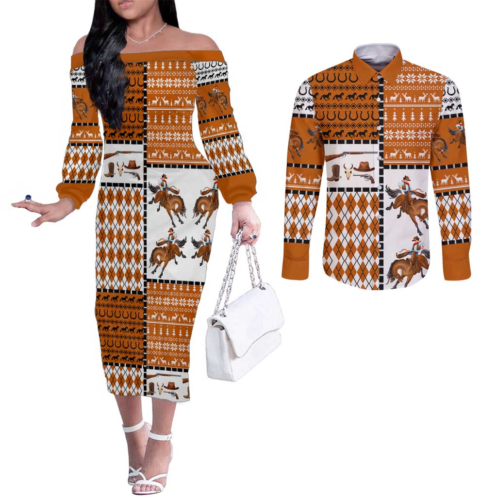 Horse Cowboy Merry Christmas Design Couples Matching Off The Shoulder Long Sleeve Dress and Long Sleeve Button Shirt Funny Xmas Holiday Patterns - Wonder Print Shop