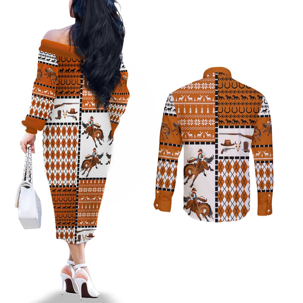 Horse Cowboy Merry Christmas Design Couples Matching Off The Shoulder Long Sleeve Dress and Long Sleeve Button Shirt Funny Xmas Holiday Patterns - Wonder Print Shop