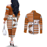 Horse Cowboy Merry Christmas Design Couples Matching Off The Shoulder Long Sleeve Dress and Long Sleeve Button Shirt Funny Xmas Holiday Patterns - Wonder Print Shop