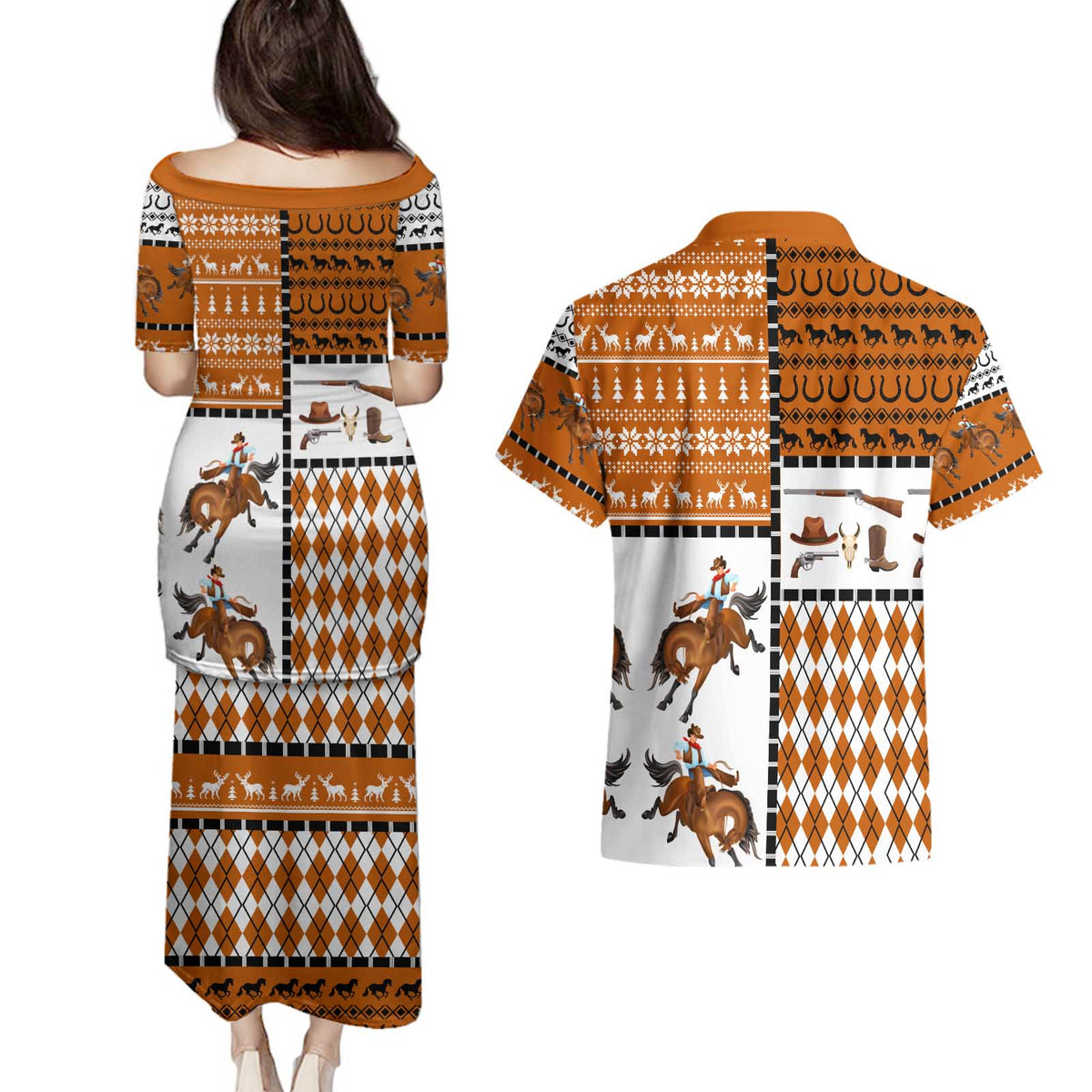 Horse Cowboy Merry Christmas Design Couples Matching Puletasi and Hawaiian Shirt Funny Xmas Holiday Patterns - Wonder Print Shop